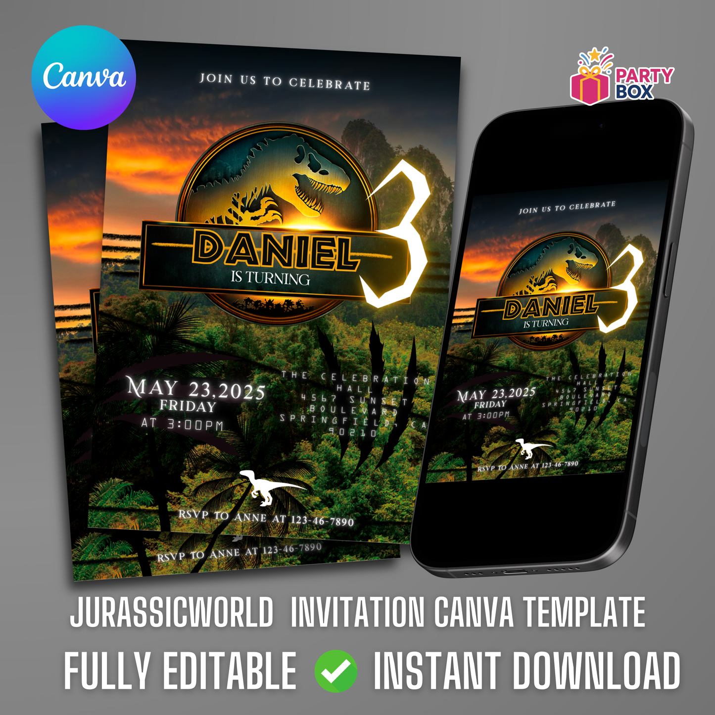 Jurassic World Birthday Invitation template easy to edit