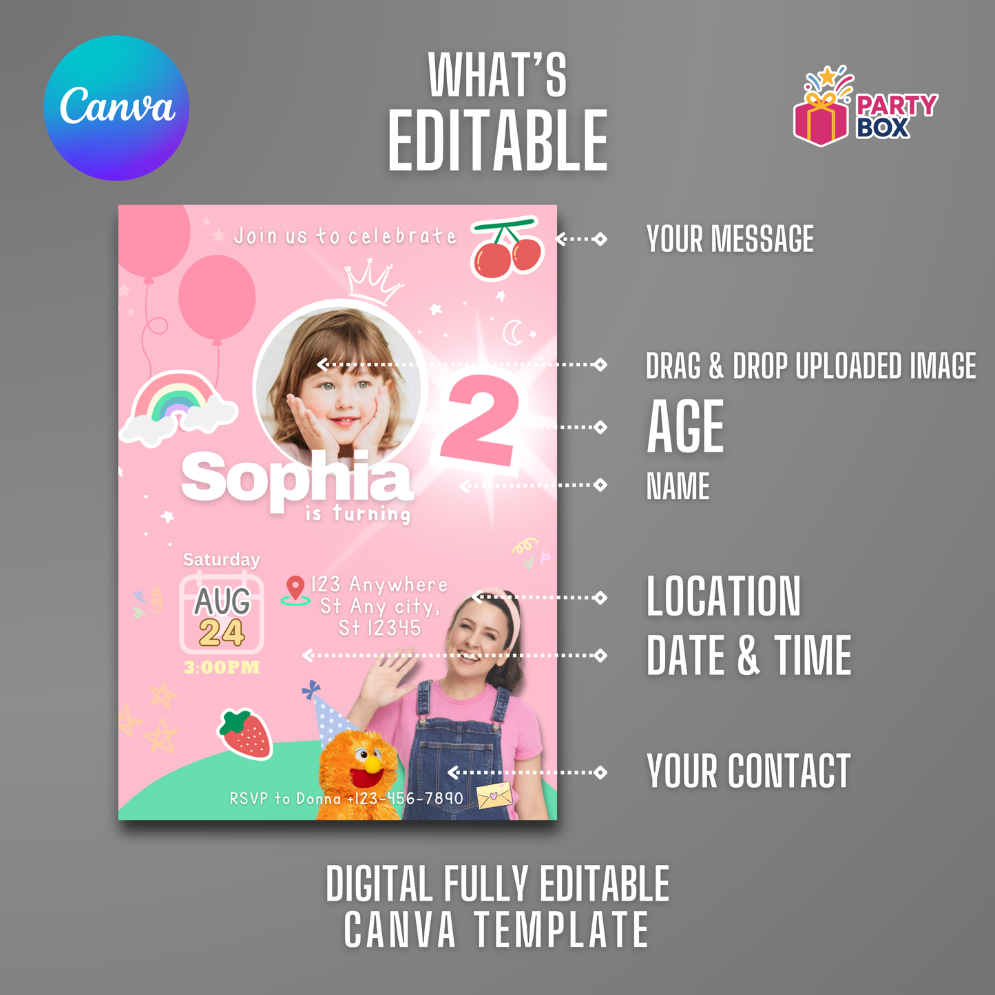 Ms. Rachel Editable Digital Invitation template for boys and girls easy to edit