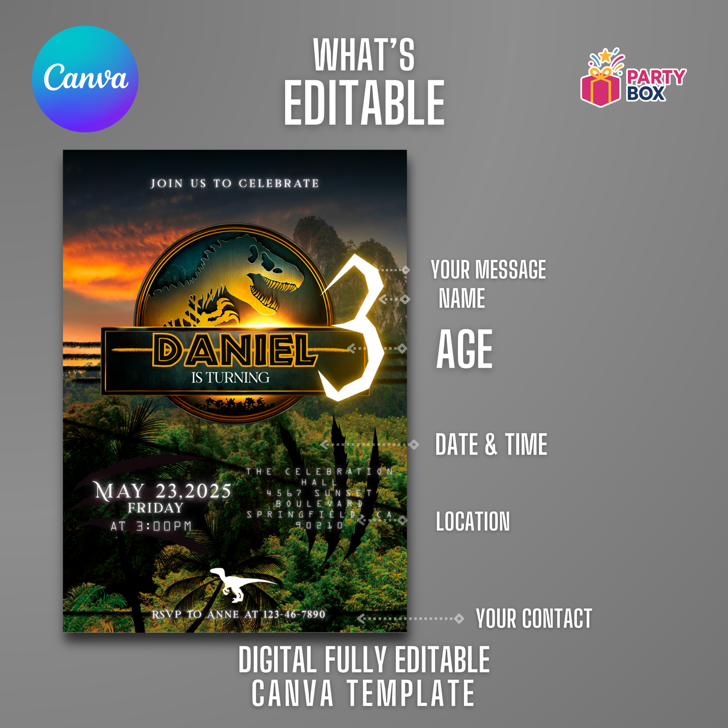 Jurassic World Birthday Invitation template easy to edit