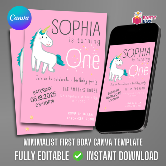 Minimalist Editable Birthday Invitation template unicorn theme easy to edit