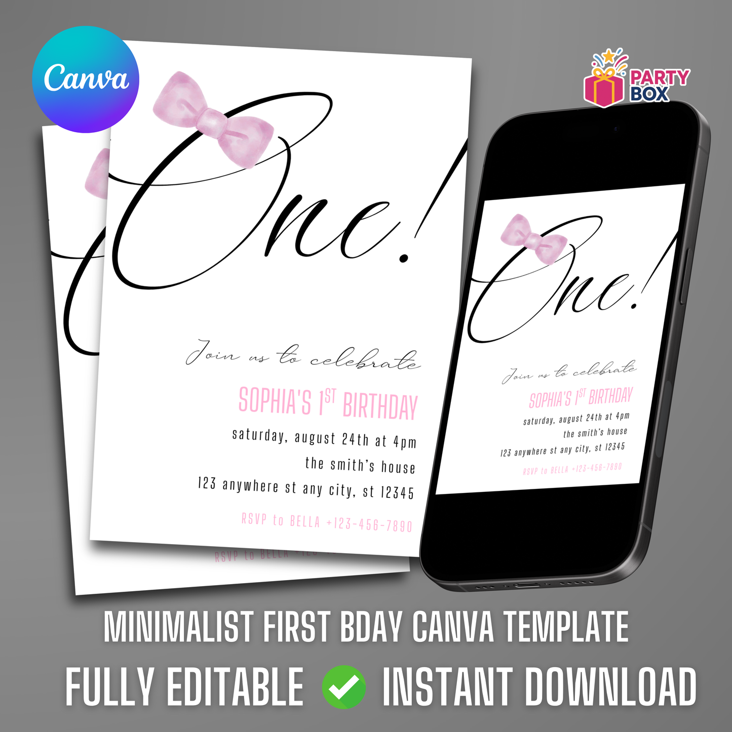 Minimalist Birthday Invitation editable template easy to edit