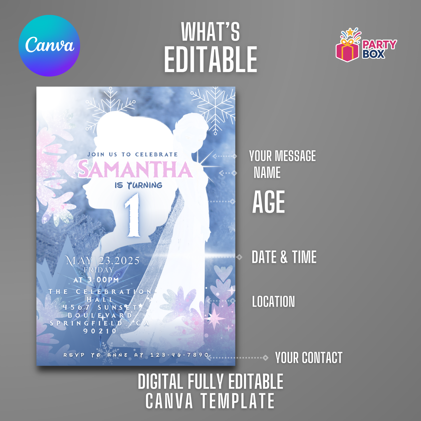 Elsa themed Birthday Invitation template easy to edit frozen minimalist