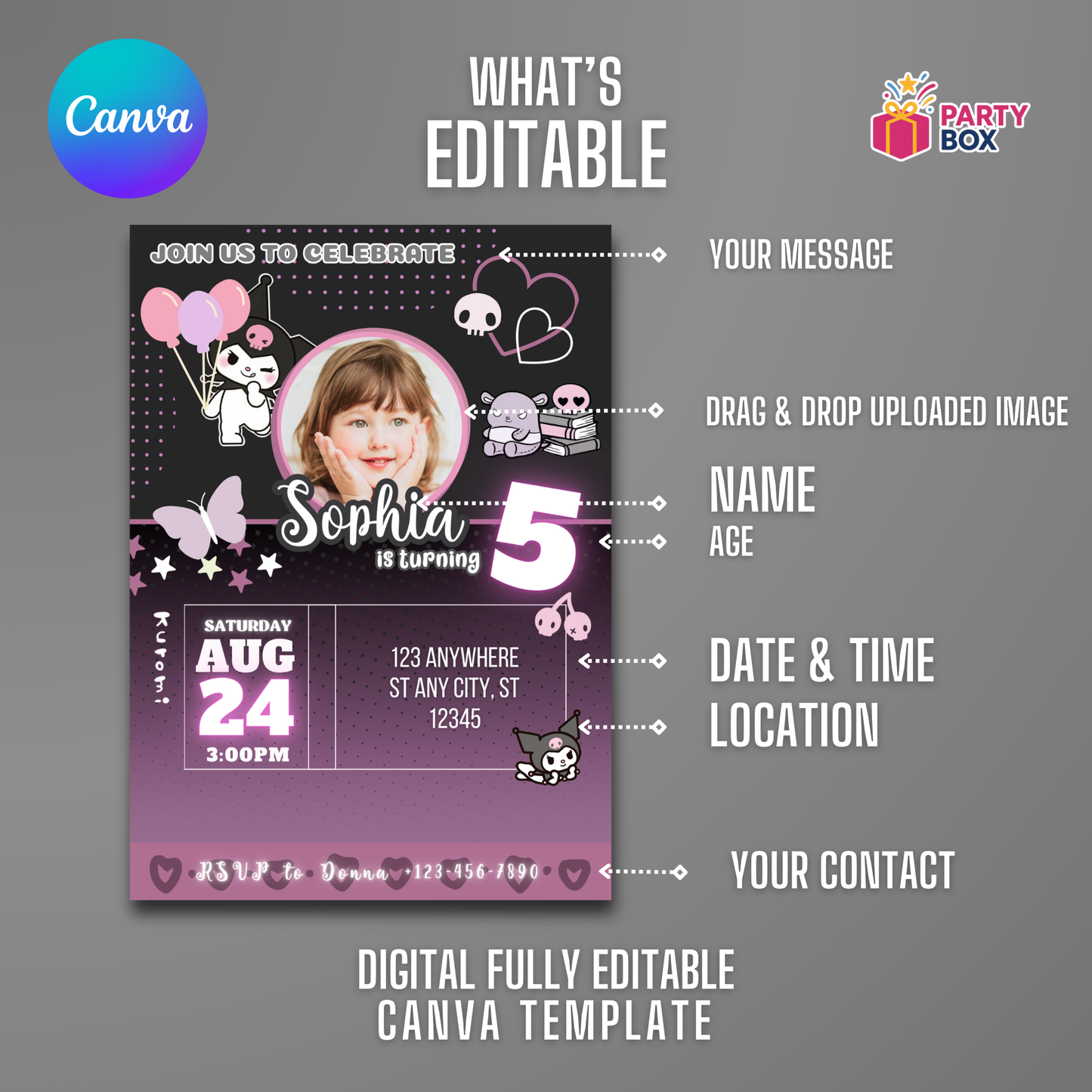 Kuromi Editable Birthday Invitation Template easy to edit
