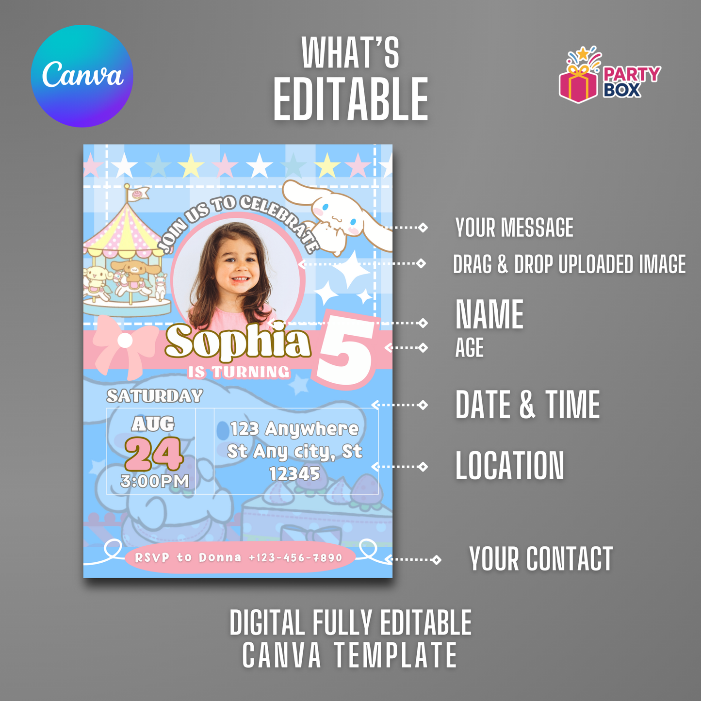 Cinnamoroll Editable Birthday Invitation Template easy to edit